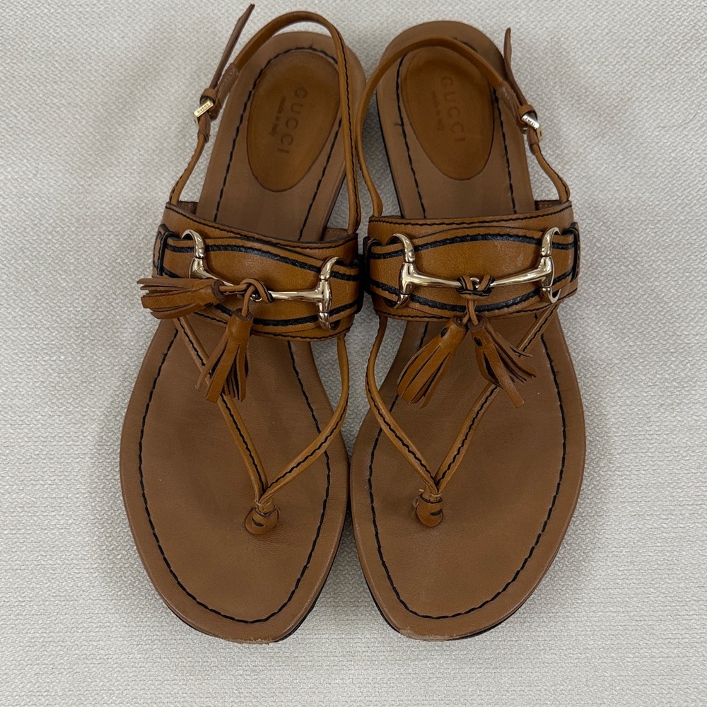 Gucci Tan Leather Sandals with Tassel Detail